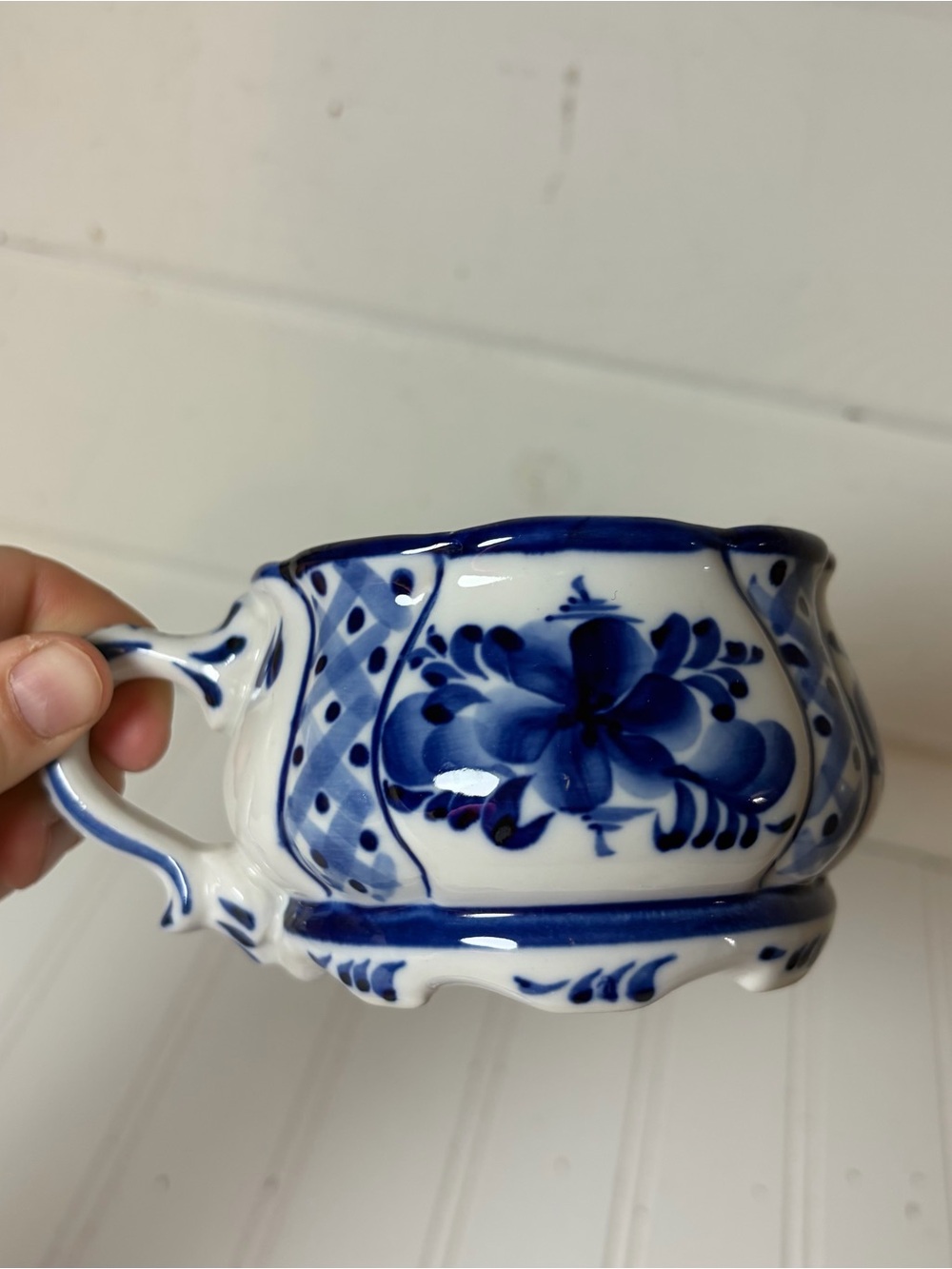 Vintage Russian Gzhel Porcelain Teacup and Saucer | Blue +White Floral - Picture 2 of 11